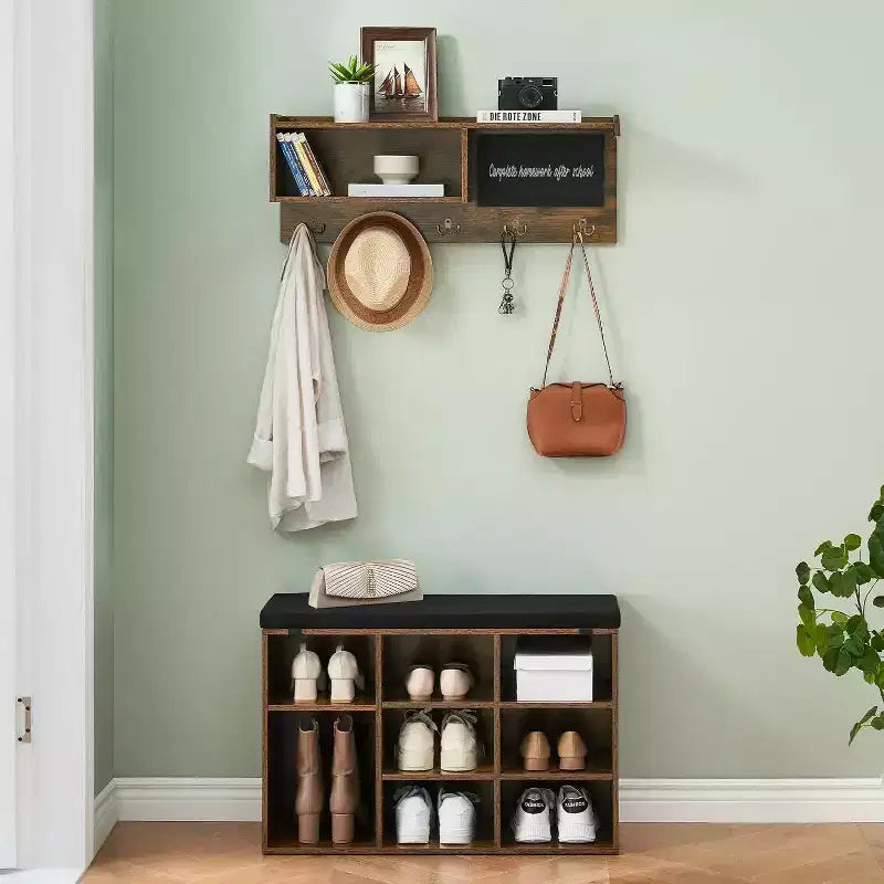 Ensemble d'entrée Acekool 31.5 - Porte-manteau mural + banc à chaussures avec rangement et tableau noir, design rétro