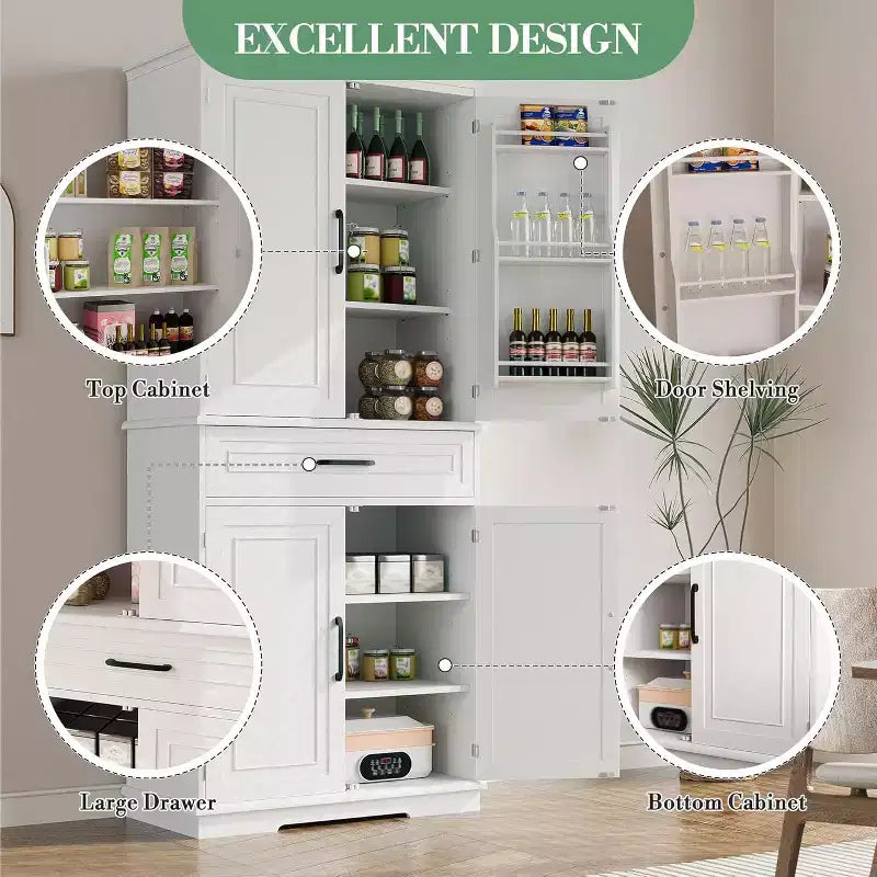 COZONY Armoire de cuisine haute de 183 cm avec tiroir et étagères réglables, buffet de rangement style ferme pour salle à manger ou buanderie