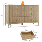 Commode 6 tiroirs pour chambre à coucher, commode en bois de 137 cm de large avec poignées métalliques, organiseur de rangement pour vêtements à cannelures, meuble TV pour couloir