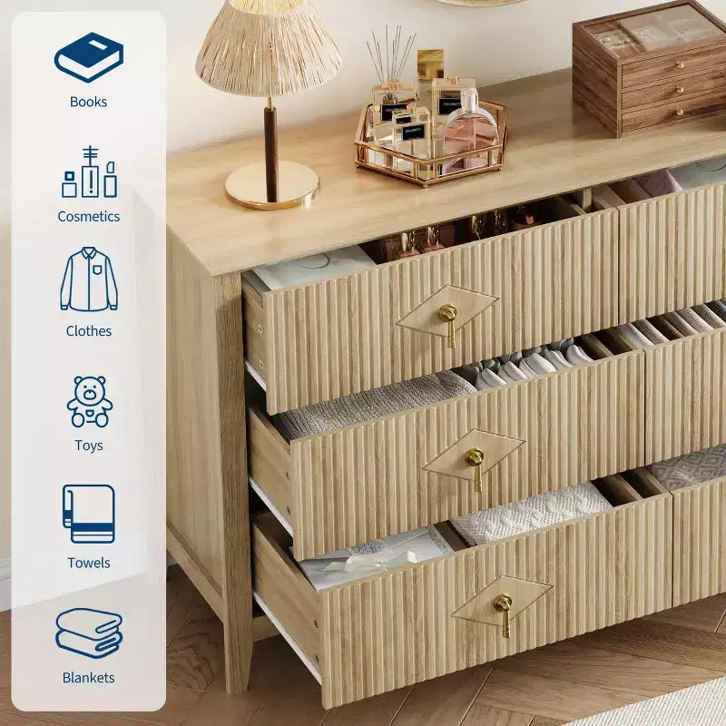Commode 6 tiroirs pour chambre à coucher, commode en bois de 137 cm de large avec poignées métalliques, organiseur de rangement pour vêtements à cannelures, meuble TV pour couloir