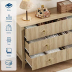 Commode 6 tiroirs pour chambre à coucher, commode en bois de 137 cm de large avec poignées métalliques, organiseur de rangement pour vêtements à cannelures, meuble TV pour couloir
