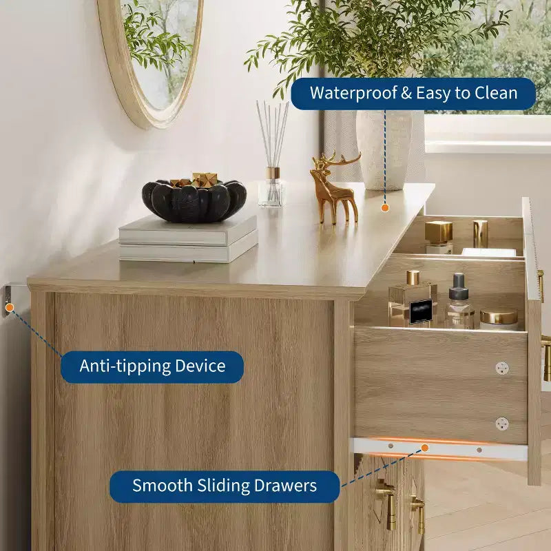 Commode 6 tiroirs pour chambre à coucher, commode en bois de 137 cm de large avec poignées métalliques, organiseur de rangement pour vêtements à cannelures, meuble TV pour couloir