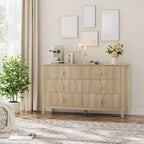 Commode 6 tiroirs pour chambre à coucher, commode en bois de 137 cm de large avec poignées métalliques, organiseur de rangement pour vêtements à cannelures, meuble TV pour couloir