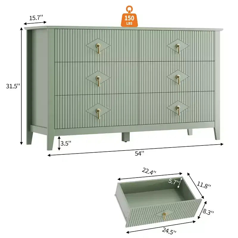 Commode 6 tiroirs pour chambre à coucher, commode en bois de 137 cm de large avec poignées métalliques, organiseur de rangement pour vêtements à cannelures, meuble TV pour couloir