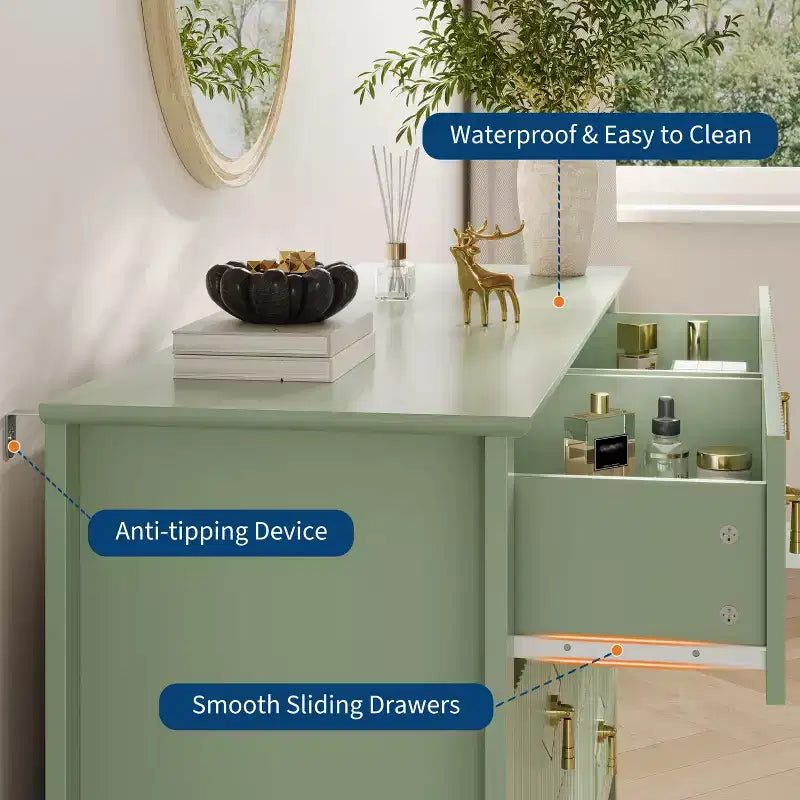 Commode 6 tiroirs pour chambre à coucher, commode en bois de 137 cm de large avec poignées métalliques, organiseur de rangement pour vêtements à cannelures, meuble TV pour couloir