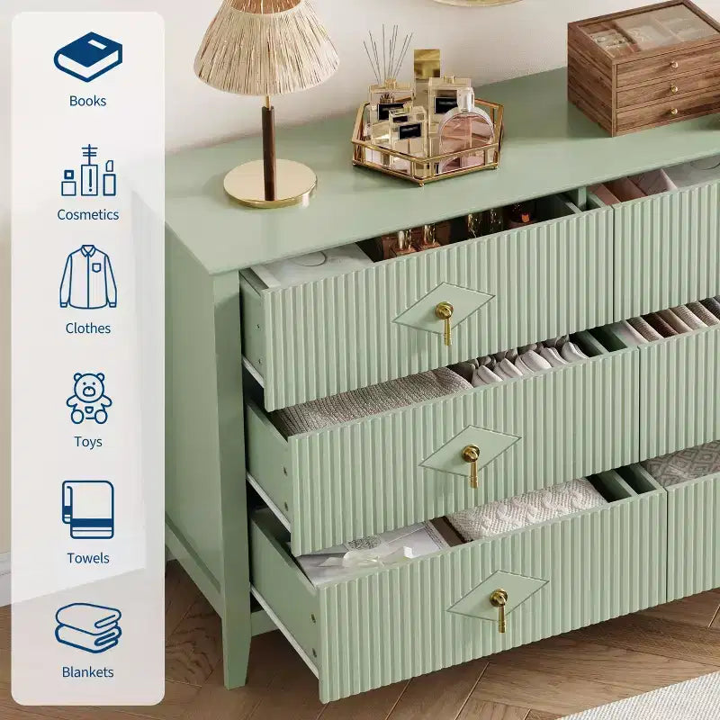 Commode 6 tiroirs pour chambre à coucher, commode en bois de 137 cm de large avec poignées métalliques, organiseur de rangement pour vêtements à cannelures, meuble TV pour couloir
