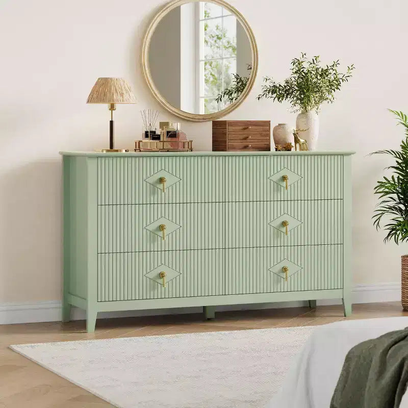 Commode 6 tiroirs pour chambre à coucher, commode en bois de 137 cm de large avec poignées métalliques, organiseur de rangement pour vêtements à cannelures, meuble TV pour couloir