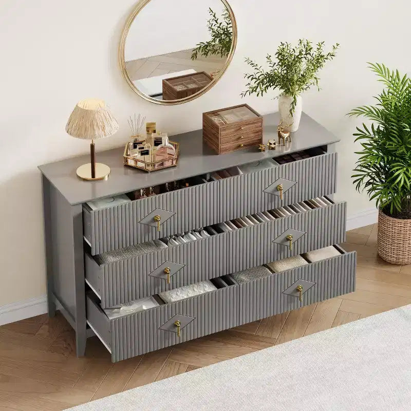 Commode 6 tiroirs pour chambre à coucher, commode en bois de 137 cm de large avec poignées métalliques, organiseur de rangement pour vêtements à cannelures, meuble TV pour couloir