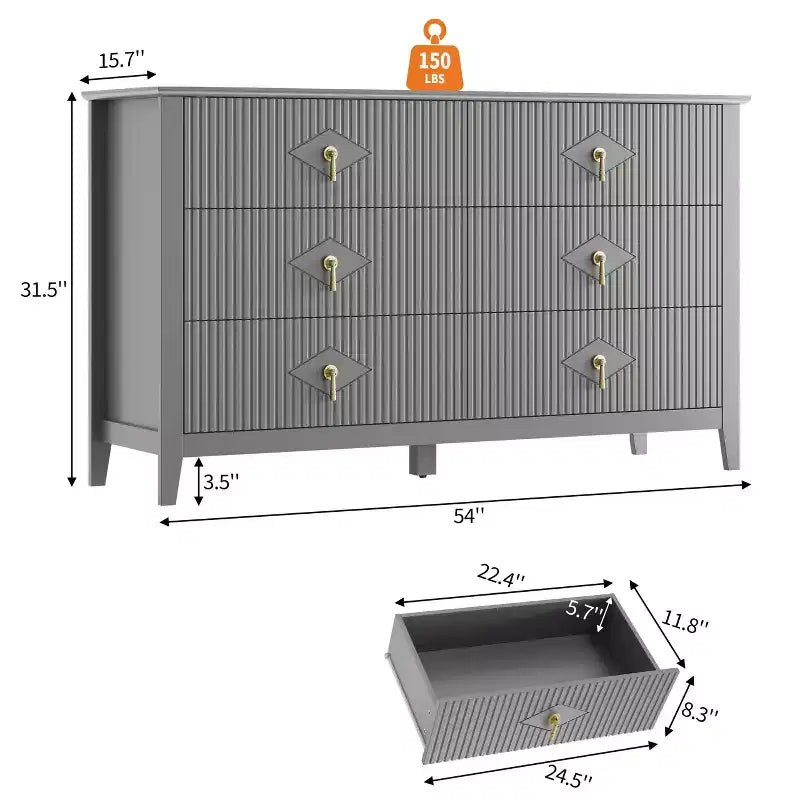 Commode 6 tiroirs pour chambre à coucher, commode en bois de 137 cm de large avec poignées métalliques, organiseur de rangement pour vêtements à cannelures, meuble TV pour couloir