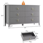 Commode 6 tiroirs pour chambre à coucher, commode en bois de 137 cm de large avec poignées métalliques, organiseur de rangement pour vêtements à cannelures, meuble TV pour couloir