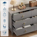 Commode 6 tiroirs pour chambre à coucher, commode en bois de 137 cm de large avec poignées métalliques, organiseur de rangement pour vêtements à cannelures, meuble TV pour couloir