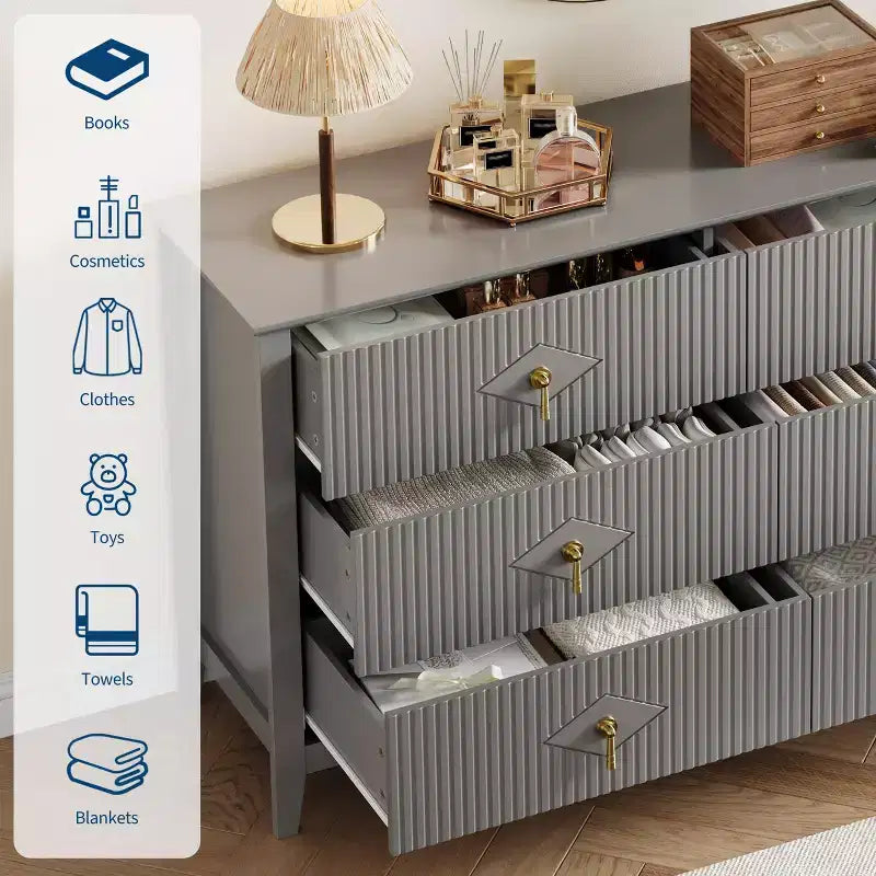 Commode 6 tiroirs pour chambre à coucher, commode en bois de 137 cm de large avec poignées métalliques, organiseur de rangement pour vêtements à cannelures, meuble TV pour couloir