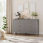 Commode 6 tiroirs pour chambre à coucher, commode en bois de 137 cm de large avec poignées métalliques, organiseur de rangement pour vêtements à cannelures, meuble TV pour couloir