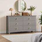 Commode 6 tiroirs pour chambre à coucher, commode en bois de 137 cm de large avec poignées métalliques, organiseur de rangement pour vêtements à cannelures, meuble TV pour couloir
