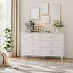 Commode 6 tiroirs pour chambre à coucher, commode en bois de 137 cm de large avec poignées métalliques, organiseur de rangement pour vêtements à cannelures, meuble TV pour couloir
