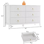 Commode 6 tiroirs pour chambre à coucher, commode en bois de 137 cm de large avec poignées métalliques, organiseur de rangement pour vêtements à cannelures, meuble TV pour couloir