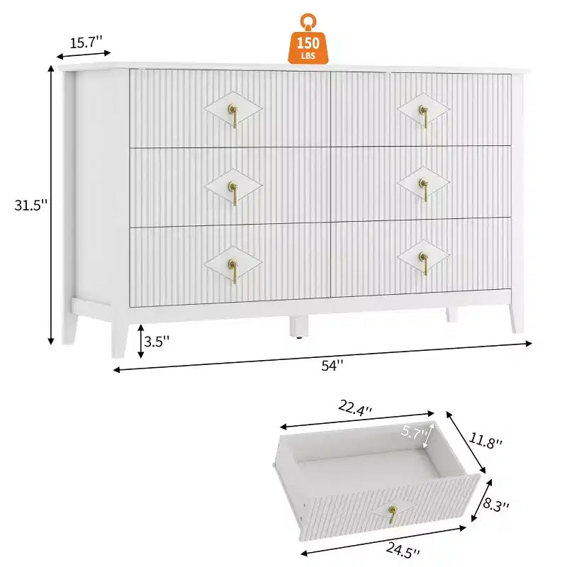 Commode 6 tiroirs pour chambre à coucher, commode en bois de 137 cm de large avec poignées métalliques, organiseur de rangement pour vêtements à cannelures, meuble TV pour couloir