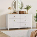 Commode 6 tiroirs pour chambre à coucher, commode en bois de 137 cm de large avec poignées métalliques, organiseur de rangement pour vêtements à cannelures, meuble TV pour couloir