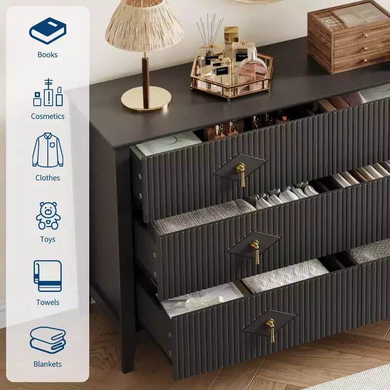 Commode 6 tiroirs pour chambre à coucher, commode en bois de 137 cm de large avec poignées métalliques, organiseur de rangement pour vêtements à cannelures, meuble TV pour couloir