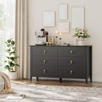 Commode 6 tiroirs pour chambre à coucher, commode en bois de 137 cm de large avec poignées métalliques, organiseur de rangement pour vêtements à cannelures, meuble TV pour couloir