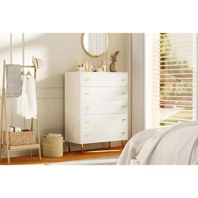 Commode Acekool à 5 tiroirs, commode haute rustique blanche de 112 cm avec poignées-barres, organisateur de rangement moderne style ferme pour chambre à coucher, salon