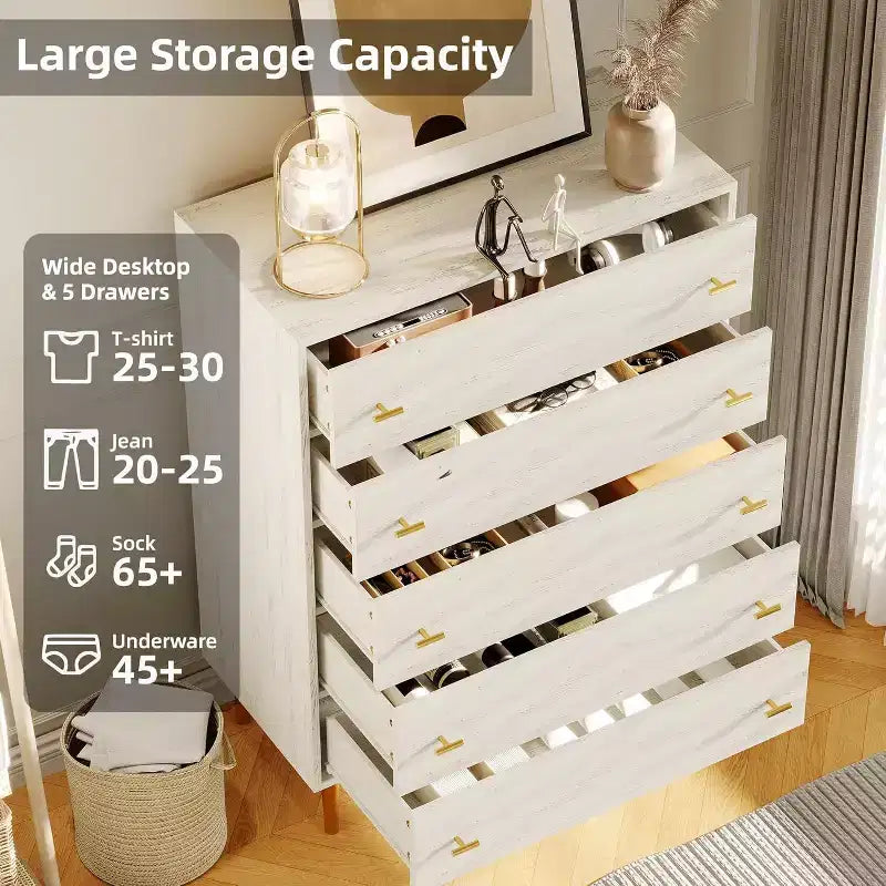 Commode Acekool à 5 tiroirs, commode haute rustique blanche de 112 cm avec poignées-barres, organisateur de rangement moderne style ferme pour chambre à coucher, salon