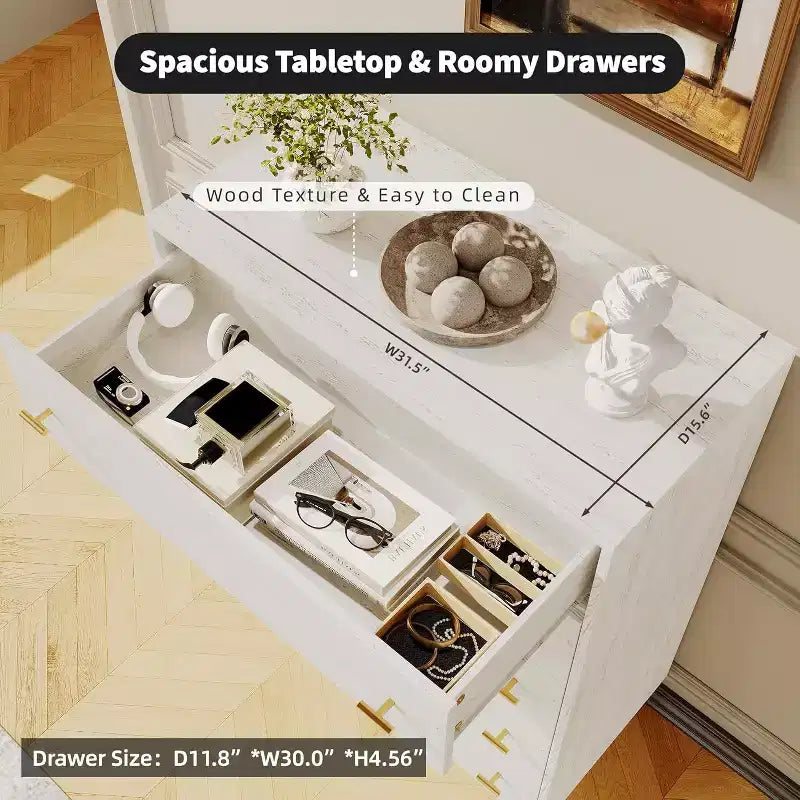 Commode Acekool à 5 tiroirs, commode haute rustique blanche de 112 cm avec poignées-barres, organisateur de rangement moderne style ferme pour chambre à coucher, salon