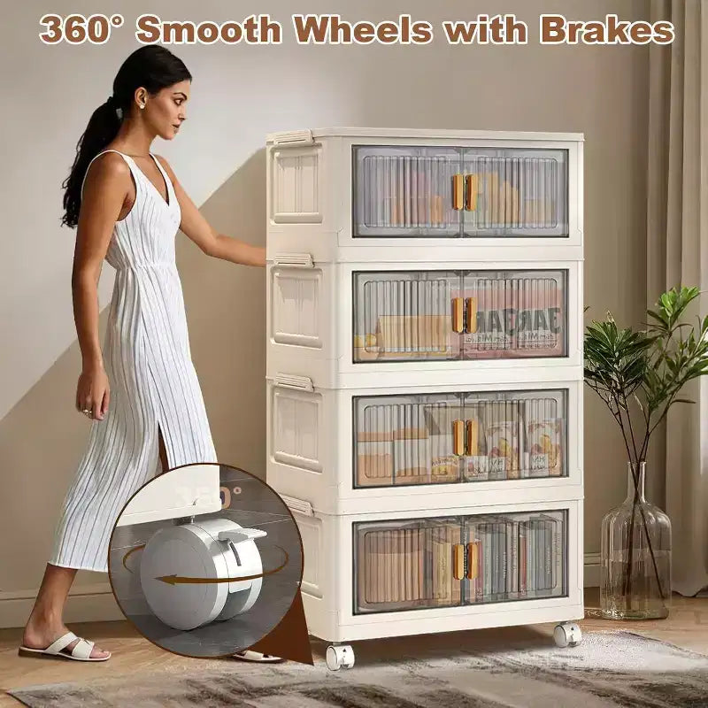 Boîtes de rangement pliables Acekool 31,5 avec couvercles, organiseur empilable à 4 niveaux avec portes magnétiques et roulettes pour le salon