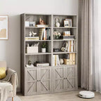 Acekool Farmhouse Bookcase with Doors, 6-Shelf 71.4 Tall Display & Storage Cabinet, Rustic Grey, 2-Pack