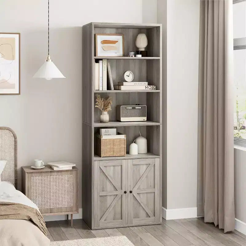 Bibliothèque de ferme Acekool avec portes, armoire de rangement et de présentation de 6 étagères de 181,3 cm de haut, gris rustique, lot de 2