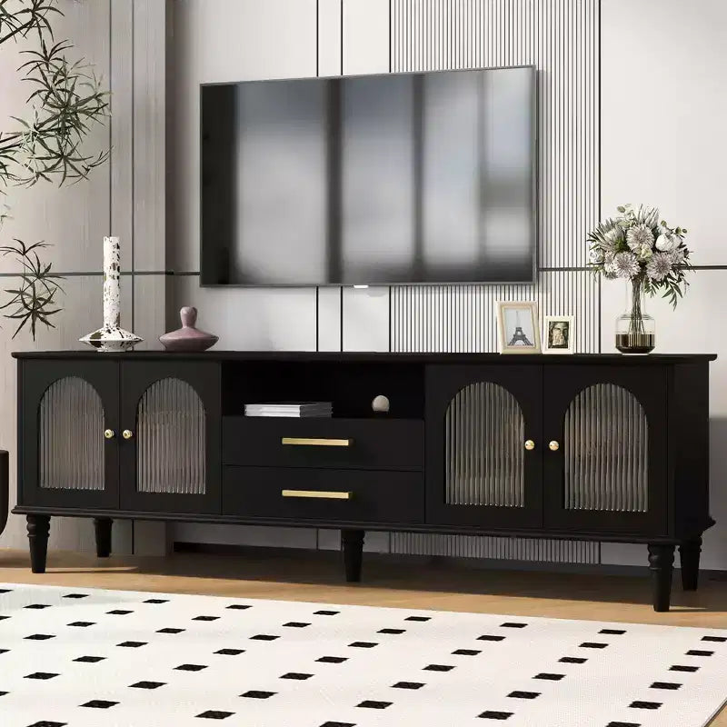 Meuble TV Bestier 69 pour téléviseurs jusqu'à 75 pouces, meuble de salon, console média avec portes en verre cannelé cintrées, 2 tiroirs de rangement