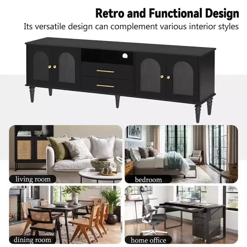 Meuble TV Bestier 69 pour téléviseurs jusqu'à 75 pouces, meuble de salon, console média avec portes en verre cannelé cintrées, 2 tiroirs de rangement