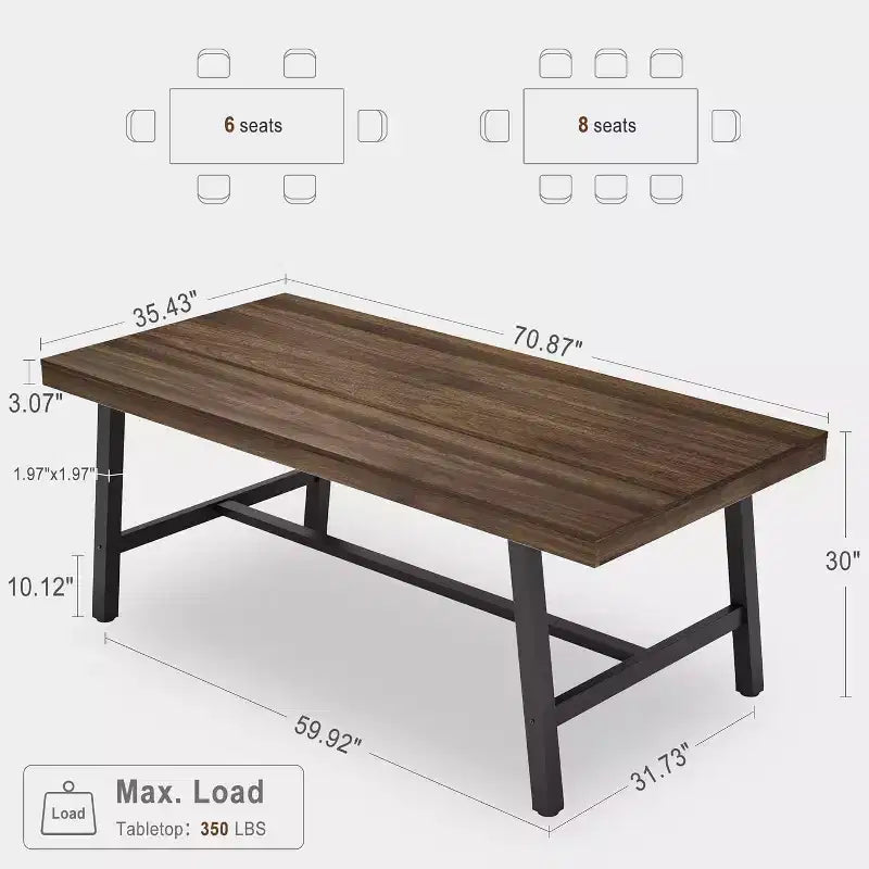 Grande table à manger rectangulaire de 160 cm pour 4 à 6 personnes, table de cuisine rustique en bois avec pieds en métal, table de patio industrielle pour salon, salle à manger