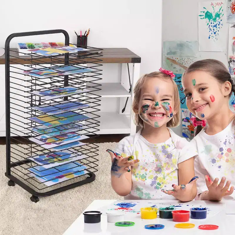 Séchoir à dessins, Séchoir à toiles – 25 étagères amovibles, Rangement mobile en métal pour salles de classe, ateliers d'art, 34x44x105 cm