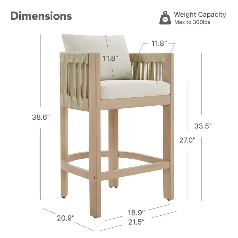 Tabouret de bar de comptoir moderne Spruce&Spring en bois d'acacia rembourré avec dossier en corde tressée à la main pour intérieur et extérieur, lot de 2