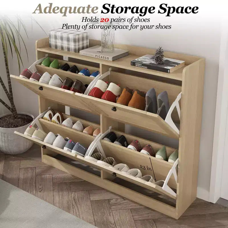 Meuble à chaussures avec tiroirs basculants, Meuble à chaussures étroit avec pieds en bois, Organisateur de chaussures autoportant pour couloir, chambre, salon