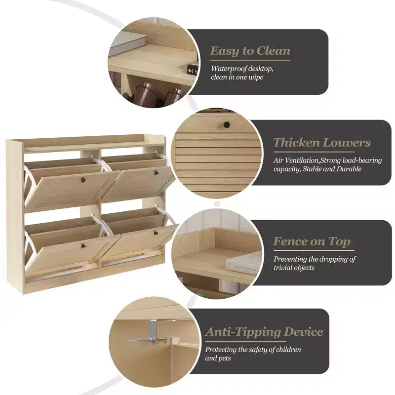 Meuble à chaussures avec tiroirs basculants, Meuble à chaussures étroit avec pieds en bois, Organisateur de chaussures autoportant pour couloir, chambre, salon