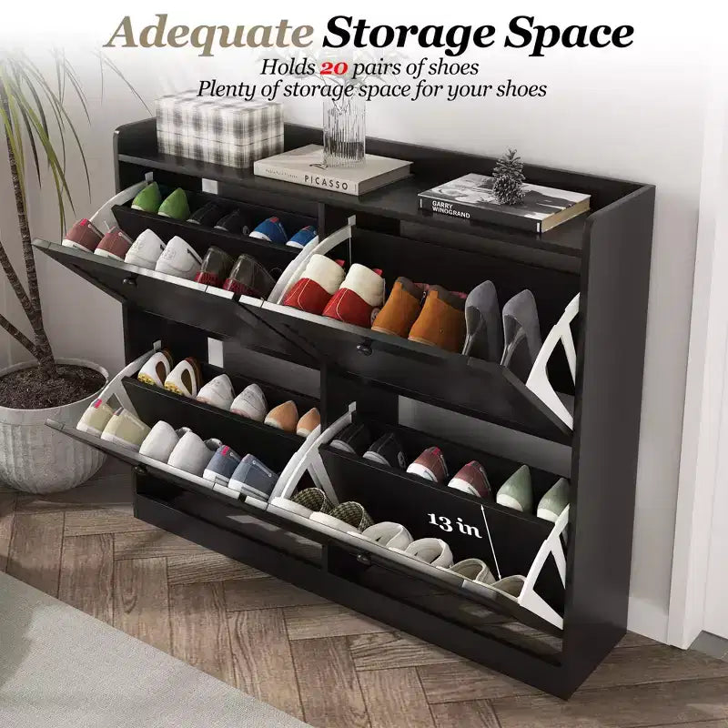 Meuble à chaussures avec tiroirs basculants, Meuble à chaussures étroit avec pieds en bois, Organisateur de chaussures autoportant pour couloir, chambre, salon