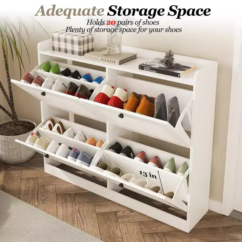 Meuble à chaussures avec tiroirs basculants, Meuble à chaussures étroit avec pieds en bois, Organisateur de chaussures autoportant pour couloir, chambre, salon