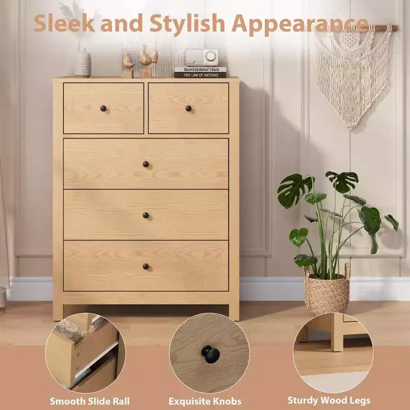 Commode à 5 tiroirs, Organisateur de commode moderne avec tiroirs de rangement, Commodes en bois pour chambre à coucher, entrée, couloir