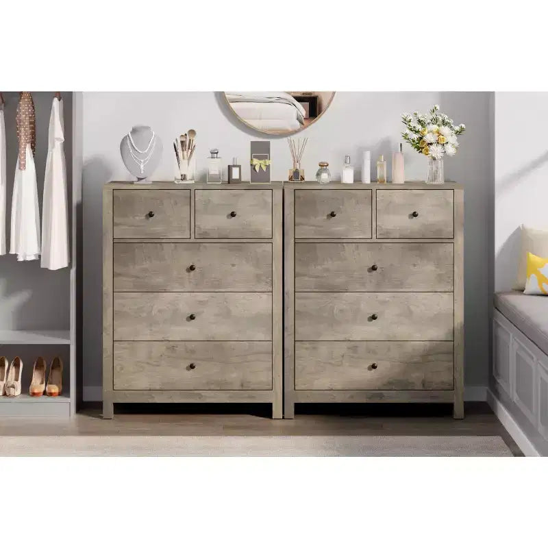 Commode à 5 tiroirs, Organisateur de commode moderne avec tiroirs de rangement, Commodes en bois pour chambre à coucher, entrée, couloir