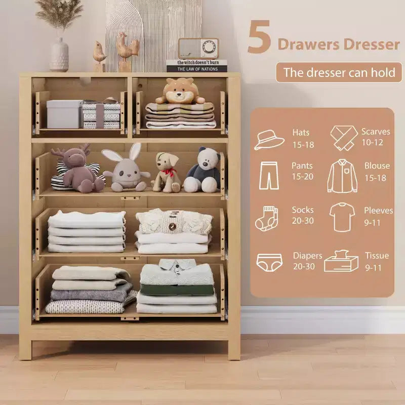 Commode à 5 tiroirs, Organisateur de commode moderne avec tiroirs de rangement, Commodes en bois pour chambre à coucher, entrée, couloir