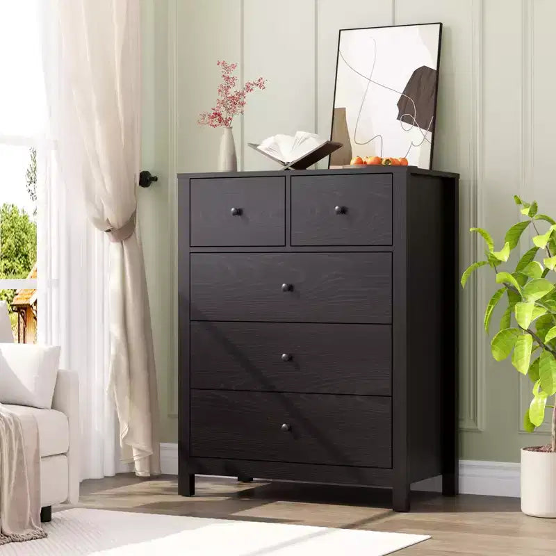 Commode à 5 tiroirs, Organisateur de commode moderne avec tiroirs de rangement, Commodes en bois pour chambre à coucher, entrée, couloir