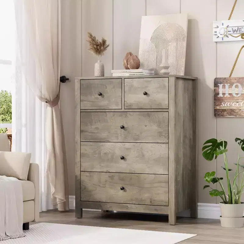 Commode à 5 tiroirs, Organisateur de commode moderne avec tiroirs de rangement, Commodes en bois pour chambre à coucher, entrée, couloir