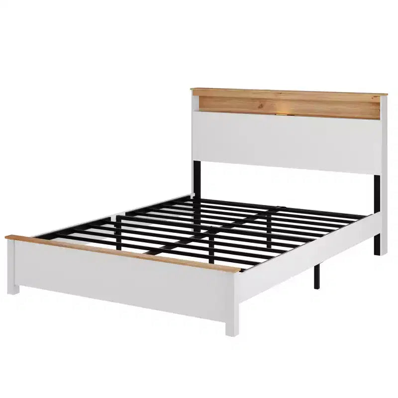 Cadre de lit rustique en bois massif style ferme avec tête de lit de rangement et station de recharge USB intégrée, assemblage facile, blanc classique