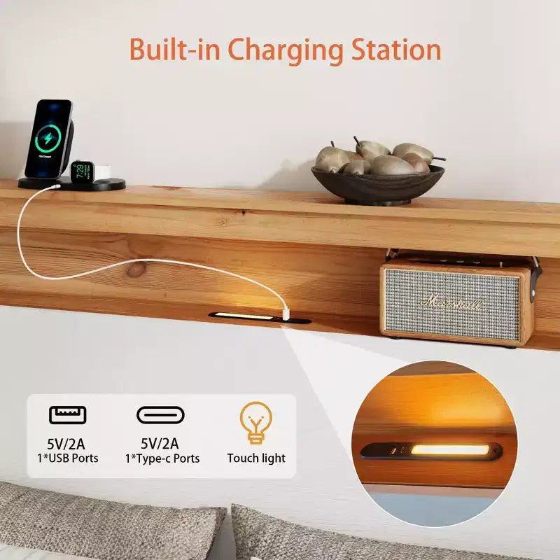 Cadre de lit rustique en bois massif style ferme avec tête de lit de rangement et station de recharge USB intégrée, assemblage facile, blanc classique