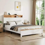 Cadre de lit rustique en bois massif style ferme avec tête de lit de rangement et station de recharge USB intégrée, assemblage facile, blanc classique
