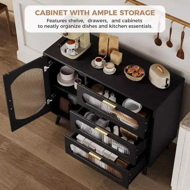 Bahut COZONY avec portes en verre cannelé, Armoire de rangement moderne avec tiroirs pour salle à manger, cuisine et entrée