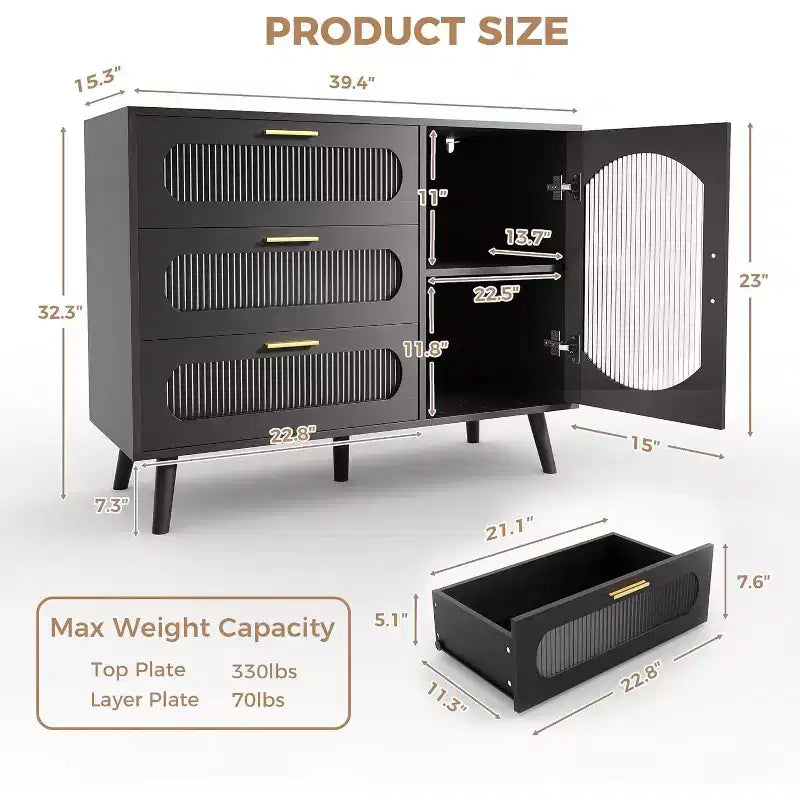 Bahut COZONY avec portes en verre cannelé, Armoire de rangement moderne avec tiroirs pour salle à manger, cuisine et entrée