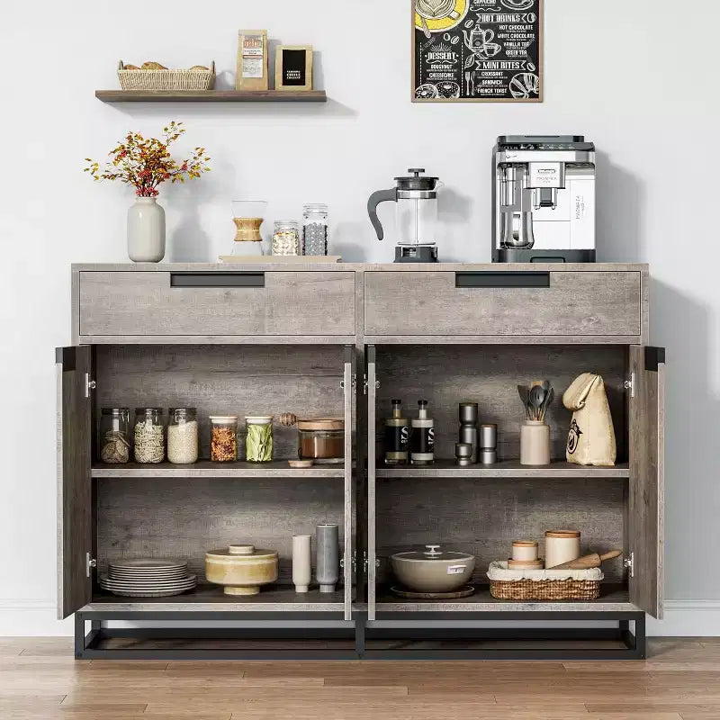 COZONY 55 Buffet enfilade, Grand meuble de rangement de cuisine avec 2 tiroirs et 4 portes, Table de bar à café pour salle à manger